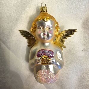 Vintage German Blown Glass Christmas Ornament Angel on a Cloud w Gold Wings EUC